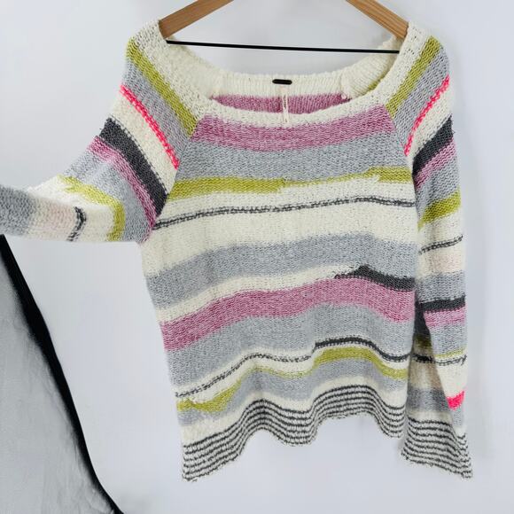 Free People Montmartre Pullover Striped Knit Boat Neck Wool Blend Size L Large - Picture 7 of 8